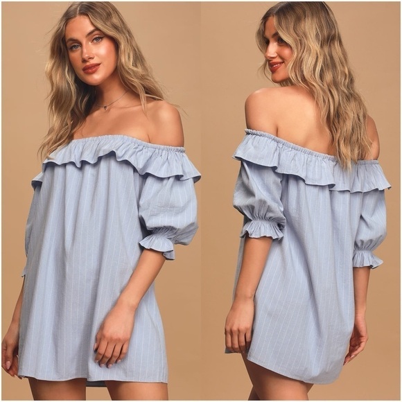 LULU’S Seeing You Smile Light Blue Striped Off The Shoulder Shift Dress - Picture 1 of 4